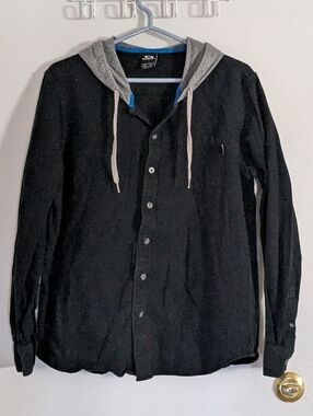 Black Button-Up Shirt with Gray Hood